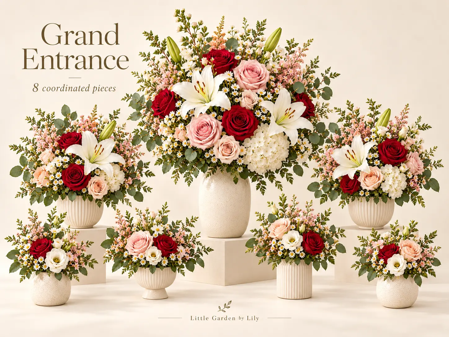 Studio presentation of an eight-piece business opening flower package.