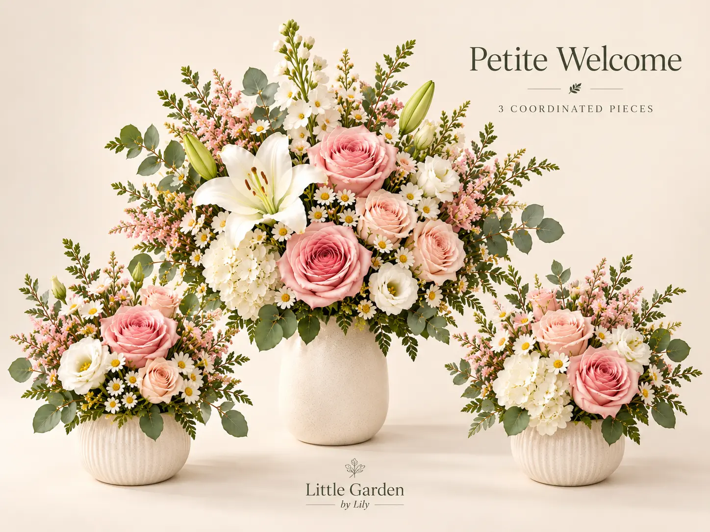 Studio presentation of a three-piece business opening flower package.