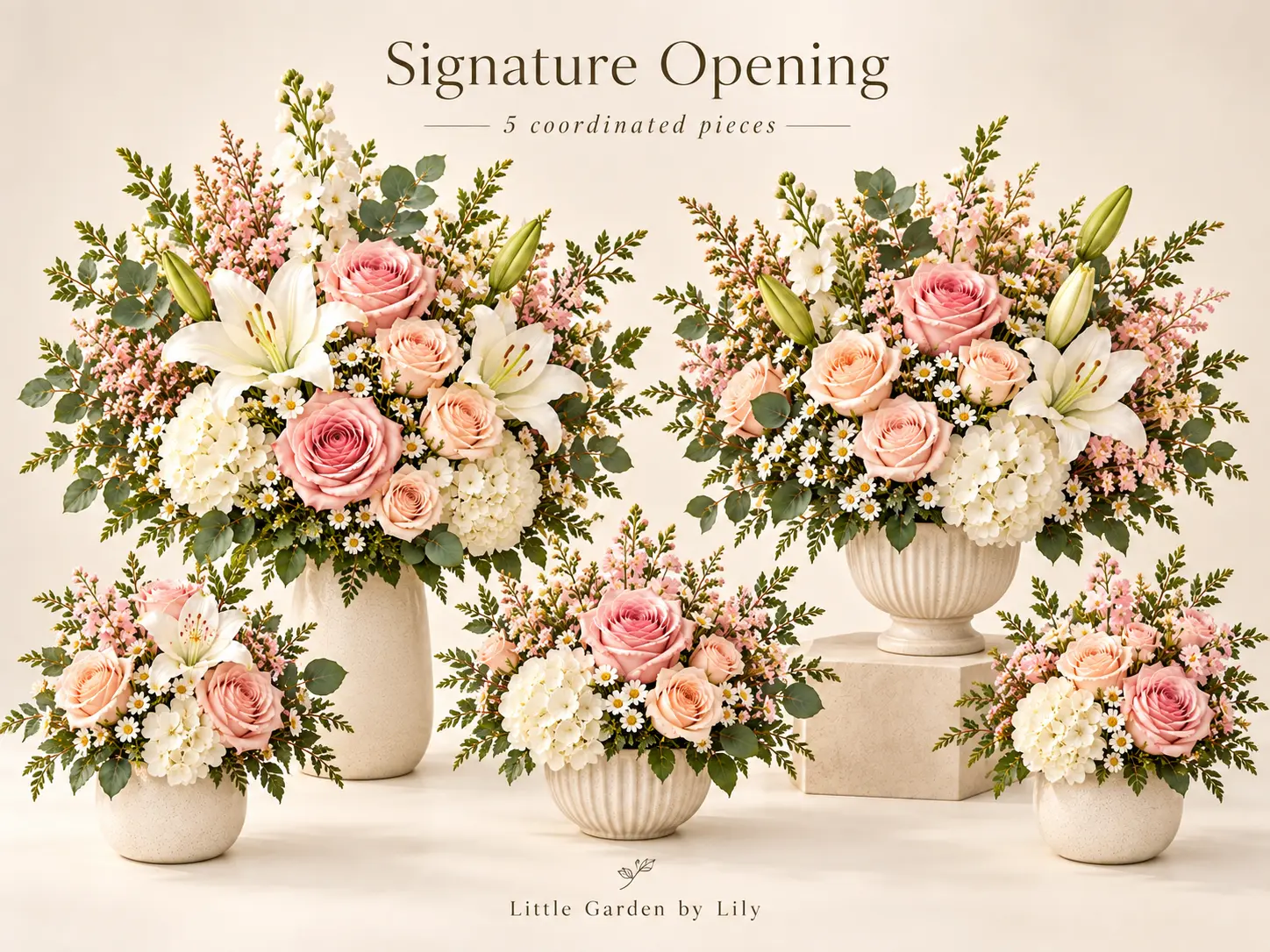 Studio presentation of a five-piece business opening flower package.